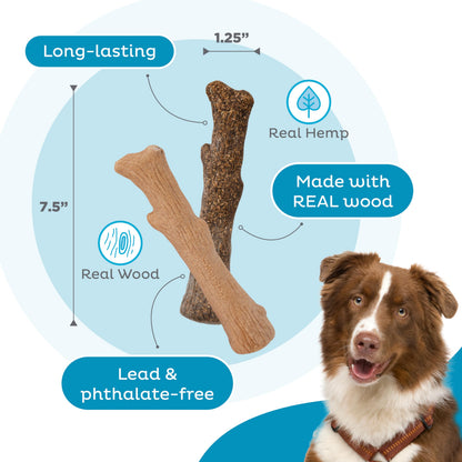Outward Hound Dogwood Wood Durable Dog Chew Toys, Real Wood & Calming Hemp, 2-Pack, Medium Pupstages
