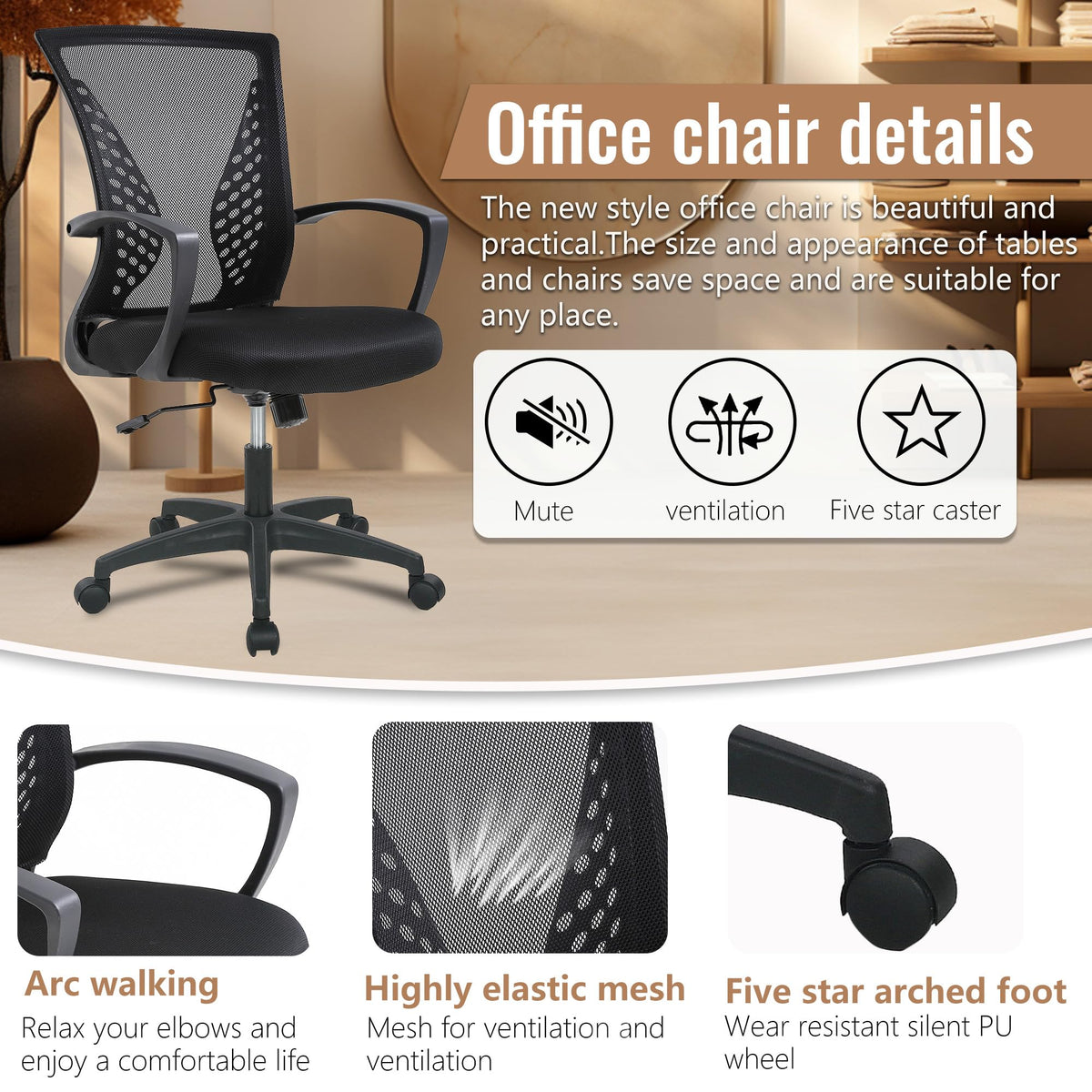 FDW Home Office Chair Mid Back PC Swivel Lumbar Support Adjustable Desk Task Computer Ergonomic Comfortable Mesh Chair with Armrest (Black)