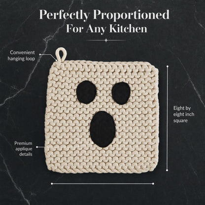 Mud Pie Ghost Halloween Pot Holder, Cotton Crochet Kitchen Hot Pad, 8"