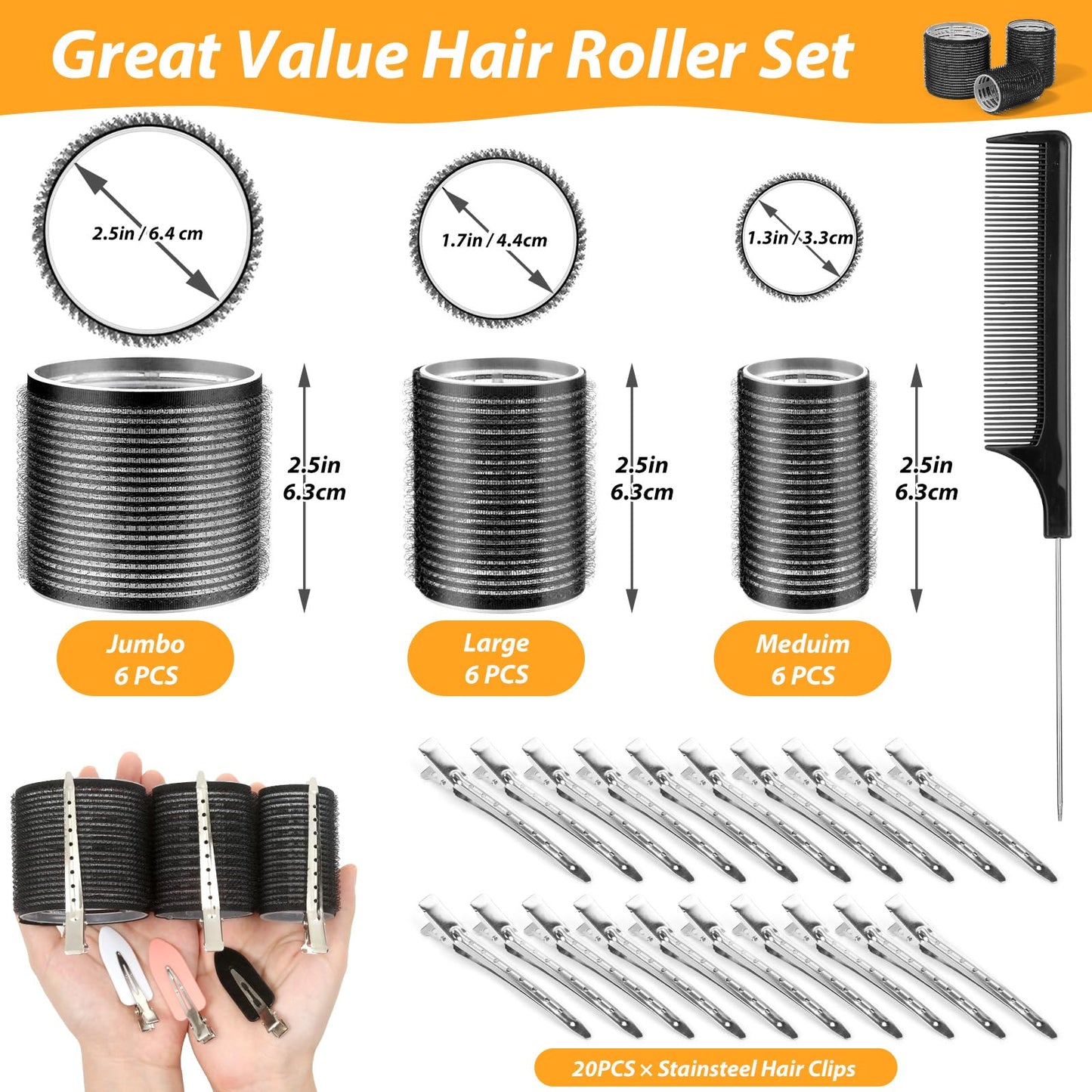 39PCS Self Grip Hair Rollers Curlers 3 Sizes Black Hair Roller 2.5in, 1.9in, 1.4in, Jumbo Hair Roller with 12PCS Duckbill Clips Hair Rollers for Long Medium Short Thick Fine Volume Bangs Hair - Available at All In One Marketplace Canada