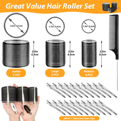 39PCS Self Grip Hair Rollers Curlers 3 Sizes Black Hair Roller 2.5in, 1.9in, 1.4in, Jumbo Hair Roller with 12PCS Duckbill Clips Hair Rollers for Long Medium Short Thick Fine Volume Bangs Hair - Available at All In One Marketplace Canada