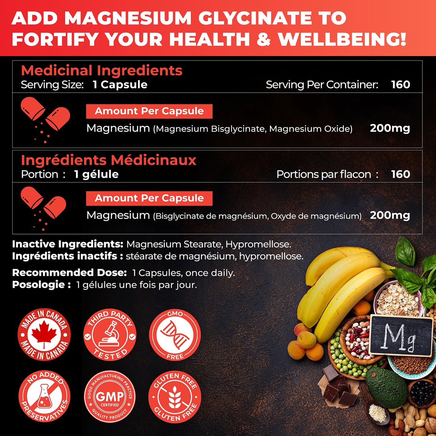 Magnesium Glycinate/Bisglycinate | Supports Sleep, Relaxation, Energy Metabolism & Muscle Function | Chelated | 200mg Elemental Magnesium | Stomach Friendly | Canadian Made, Quality Assured - Available at All In One Marketplace Canada