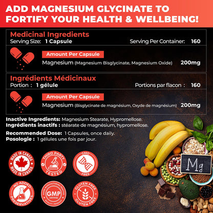 Magnesium Glycinate/Bisglycinate | Supports Sleep, Relaxation, Energy Metabolism & Muscle Function | Chelated | 200mg Elemental Magnesium | Stomach Friendly | Canadian Made, Quality Assured - Available at All In One Marketplace Canada