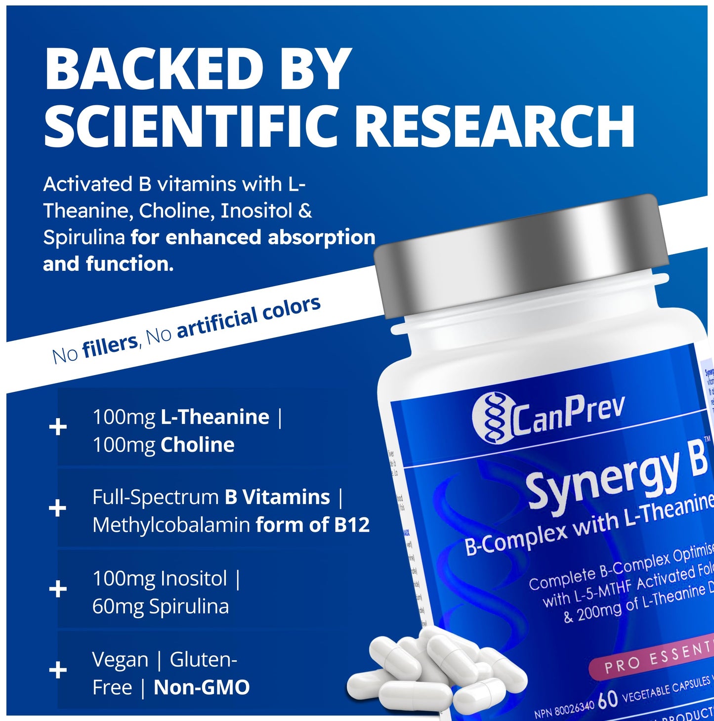 CanPrev Synergy B Complex 60 V-Caps 30-Day Supply - Vitamin B Supplement with L-Theanine 200mg - Complete B Complex Optimized with L-5-MTHF Activated Folate & Spirulina - Vegan, Non-GMO & Gluten-Free - Available at All In One Marketplace Canada
