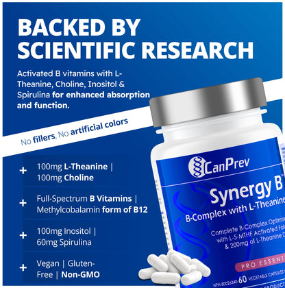 CanPrev Synergy B Complex 60 V-Caps 30-Day Supply - Vitamin B Supplement with L-Theanine 200mg - Complete B Complex Optimized with L-5-MTHF Activated Folate & Spirulina - Vegan, Non-GMO & Gluten-Free - Available at All In One Marketplace Canada
