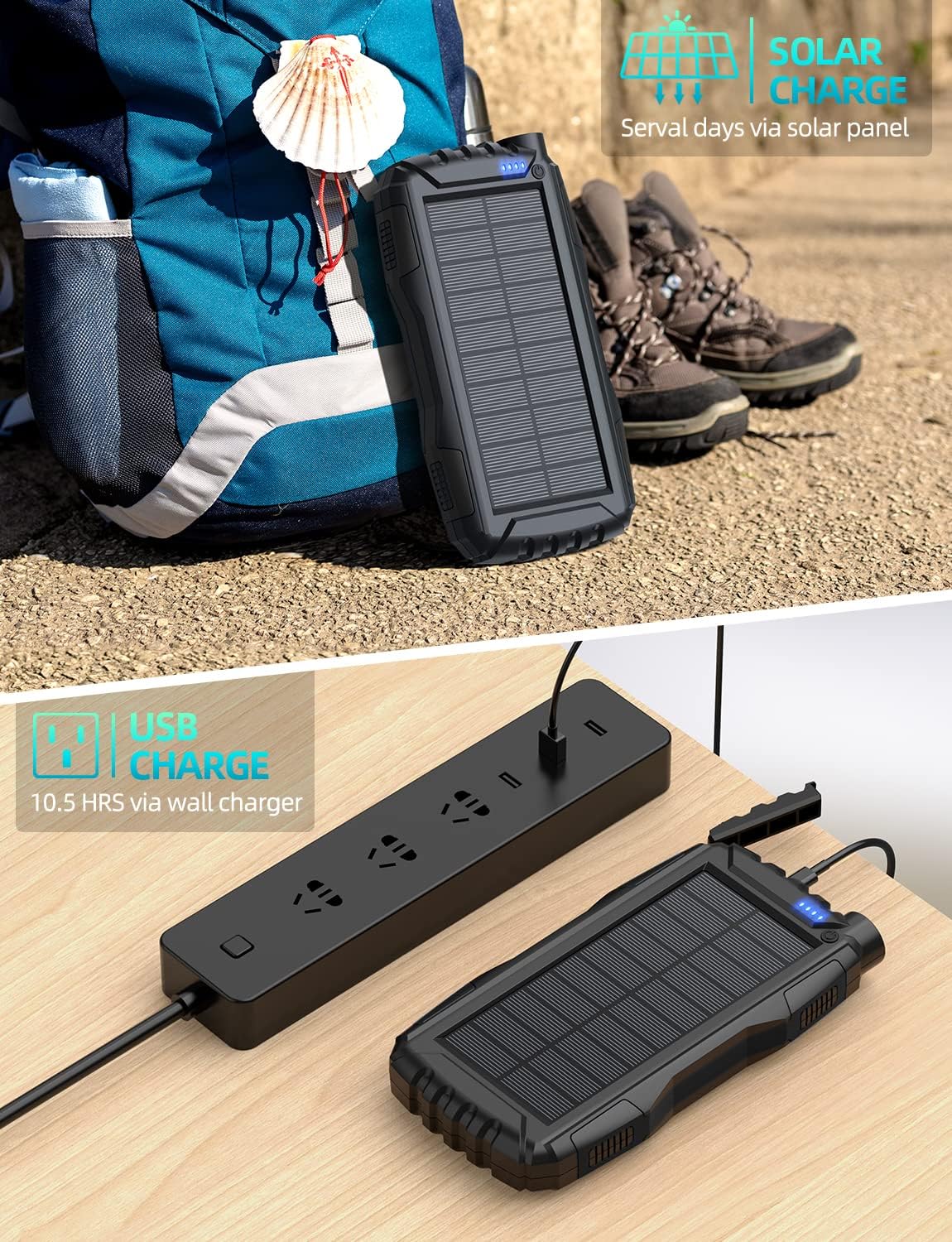 Solar Charger, Power Bank, 42800mAh Portable Charger Power Bank External Battery Pack 5V3.1A Qc 3.0 Fast Charger Built-in Super Bright Flashlight (Black)