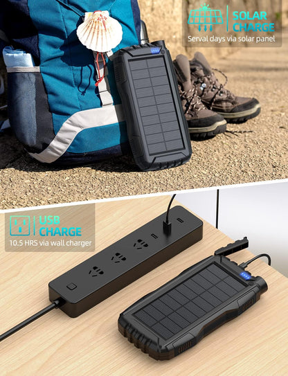 Solar Charger, Power Bank, 42800mAh Portable Charger Power Bank External Battery Pack 5V3.1A Qc 3.0 Fast Charger Built-in Super Bright Flashlight (Black)