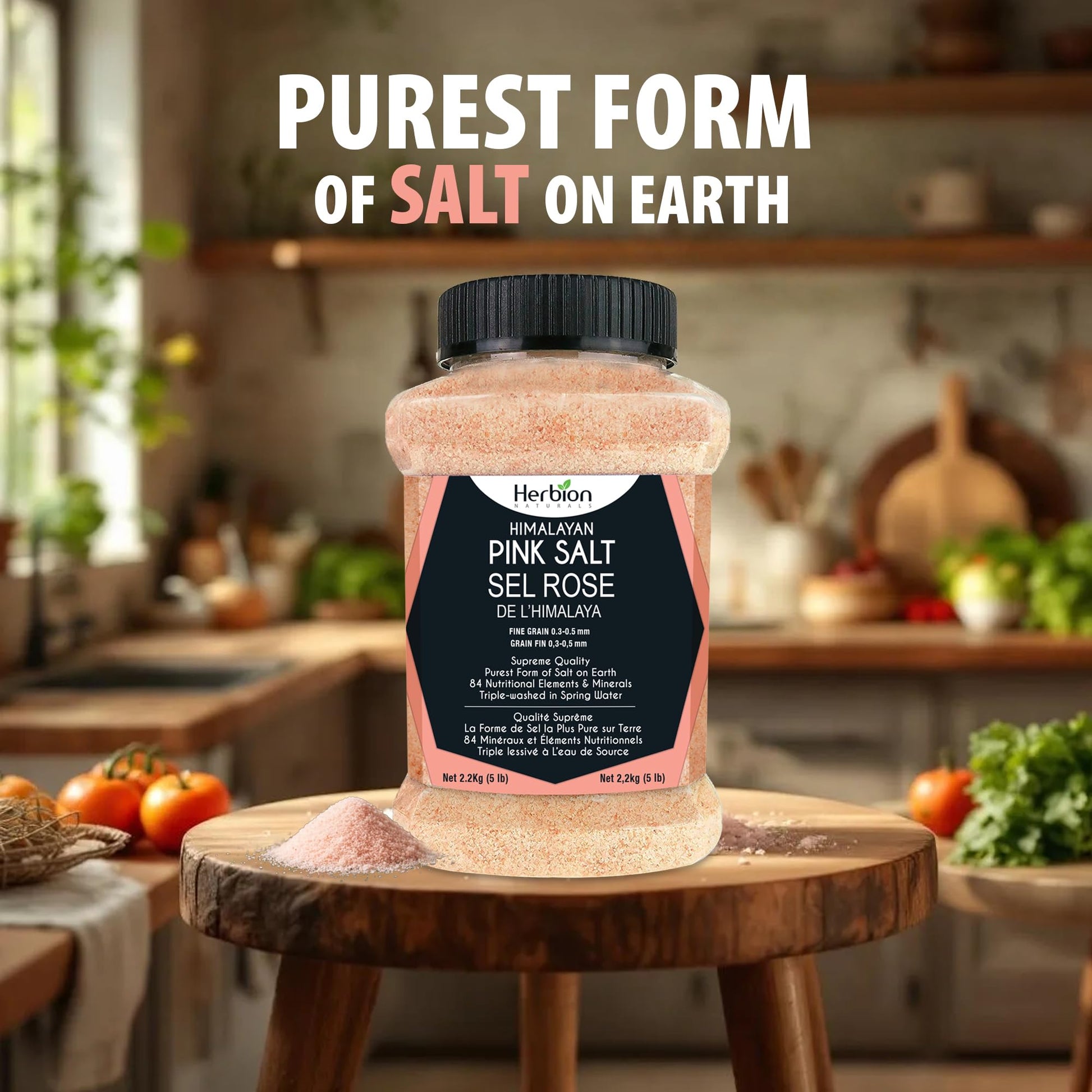 Herbion Naturals Himalayan Pink Salt - Fine Grain - 5 lb. (2.2 Kg) Unbreakable Jar - Kosher Certified - GMO-Free - Vegan - Supreme Quality - Chemical Free