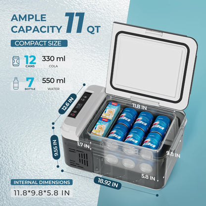 EUHOMY 12 Volt Refrigerator, 11 Quart (10L) Compressor Electric Cooler APP Control, Car Fridge 12/24V DC & 100-240V AC, Car refrigerator -4℉~68℉, Portable Freezer for RV, Camping, Travel EUHOMY