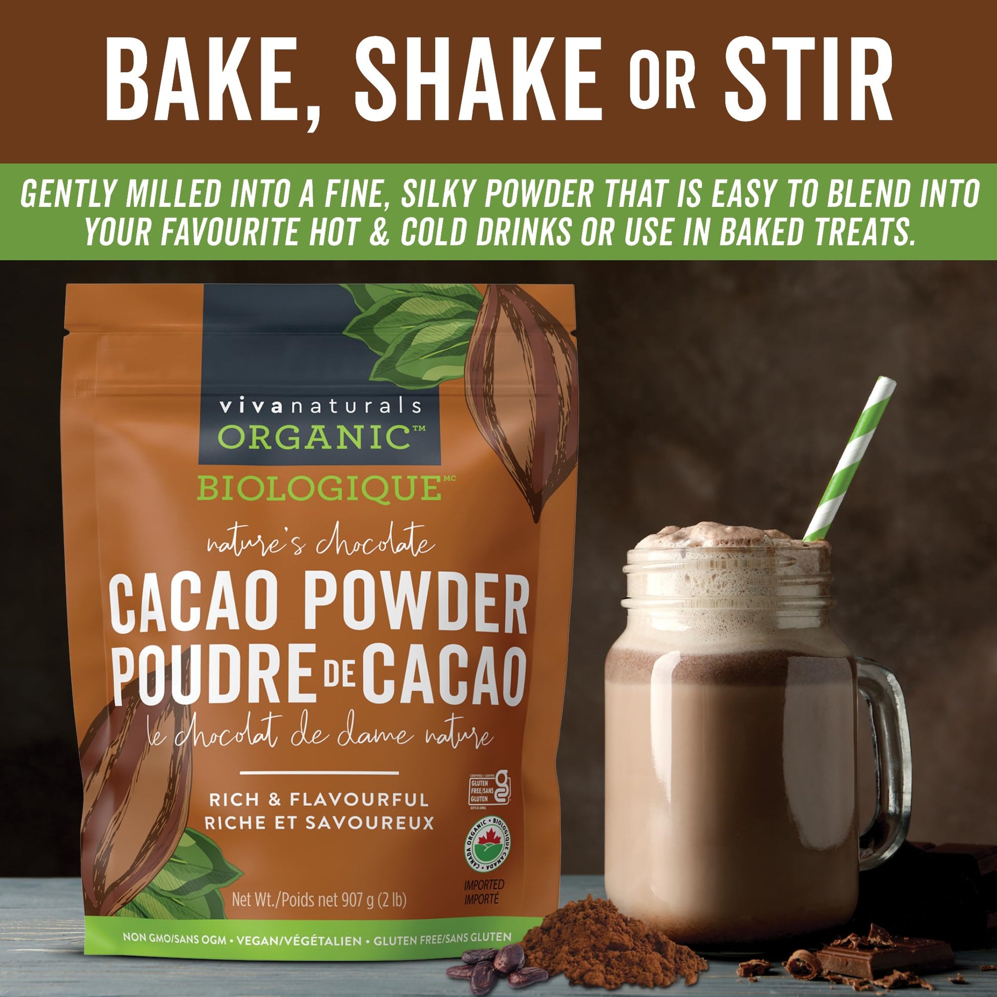 Viva Naturals Organic Cacao Powder, 2lb - Unsweetened Cocoa Powder With Rich Dark Chocolate Flavour, Perfect for Baking & Smoothies - Certified Vegan, Keto & Paleo, Gluten-Free & Non-GMO, 907 g