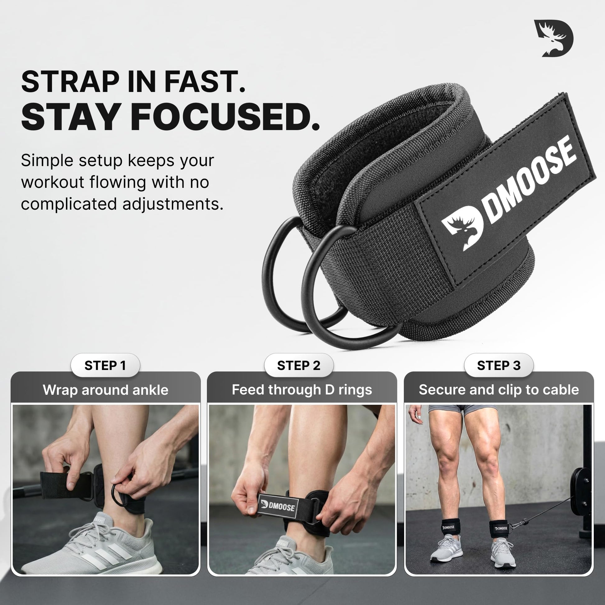 DMoose Ankle Straps for Cable Machines for Kickbacks, Glute Workouts, Leg Extensions, Curls, and Hip Abductors for Men and Women, Adjustable Ankle Strap with Double D-Rings and Neoprene Support
