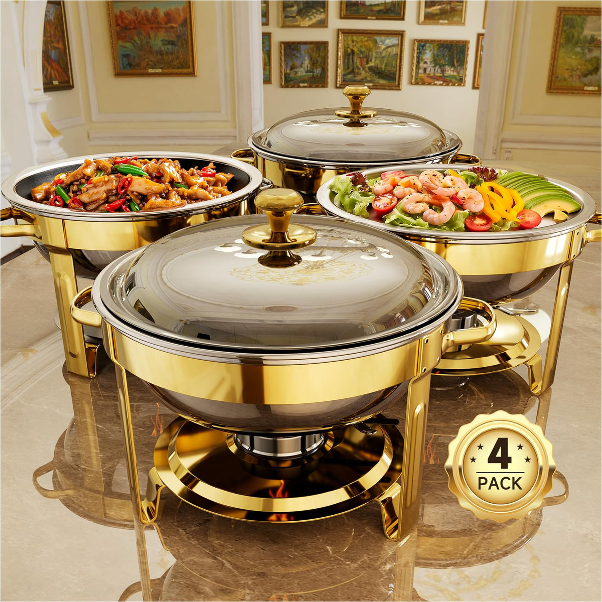 Chafing Dishes for Buffet, 4 Pack 5QT Round Stainless Steel Chafing Dish Set for Home Parties, Christmas Gatherings, Catering Events Complete Buffet Warmer Set (Golden, 4PACK) 🍁 All In One Marketplace Canada