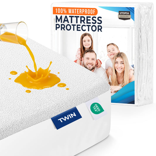 Utopia Bedding Waterproof Mattress Protector Twin Size, Premium Terry Mattress Cover 200 GSM, Breathable, Fitted Style with Stretchable Pockets (White)
