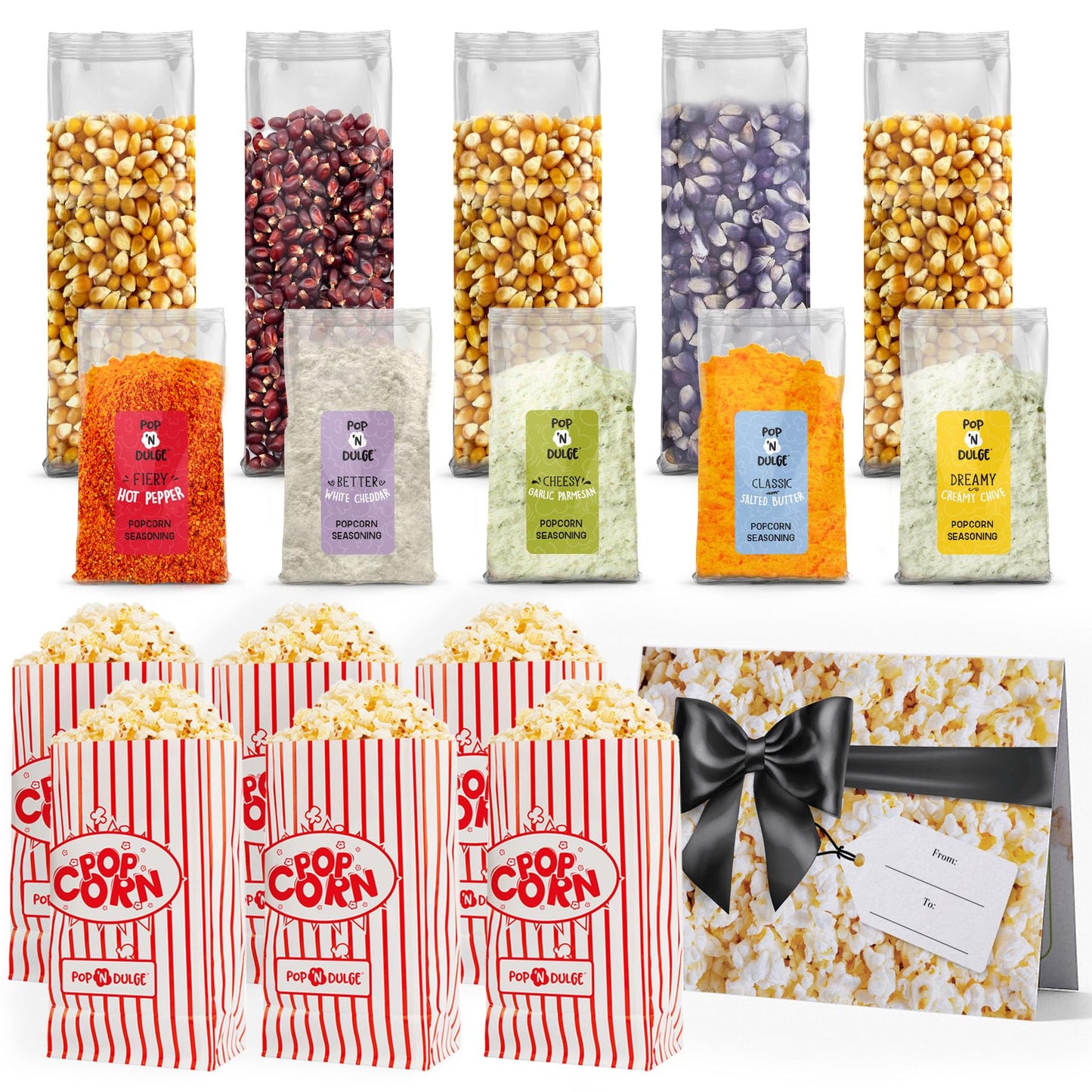 Pop n' Dulge Movie Night Popcorn Kit - 16 Pack with 5 Gourmet Kernels & 5 Seasonings