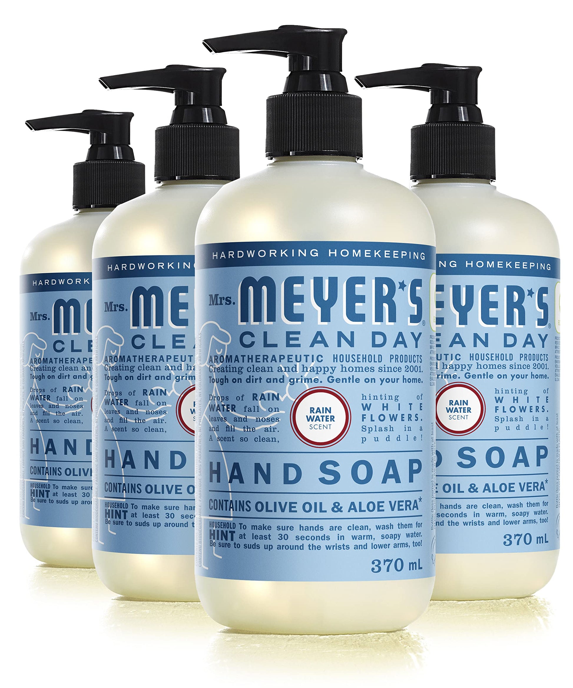 Mrs. Meyer's Clean Day Liquid Hand Soap, Rain Water, Cruelty Free & Biodegradable Hand Wash Formula Made with Essential Oils, 370 ml Bottles, 4 Pack MRS. MEYER'S