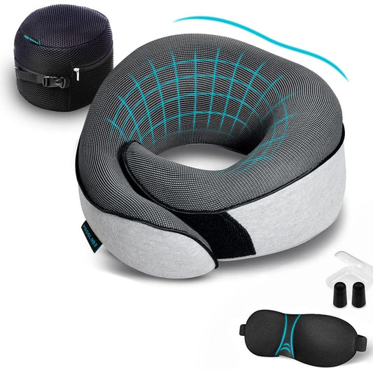 Proglobe Orthopedic Neck Pillow Travel Neck Pillows for Airplanes, Memory Foam Kit, Updated Resting Material, Airplane Travel Set with 3D Contoured Eye Masks, Earplugs, and Luxury Mesh Bag (Grey)