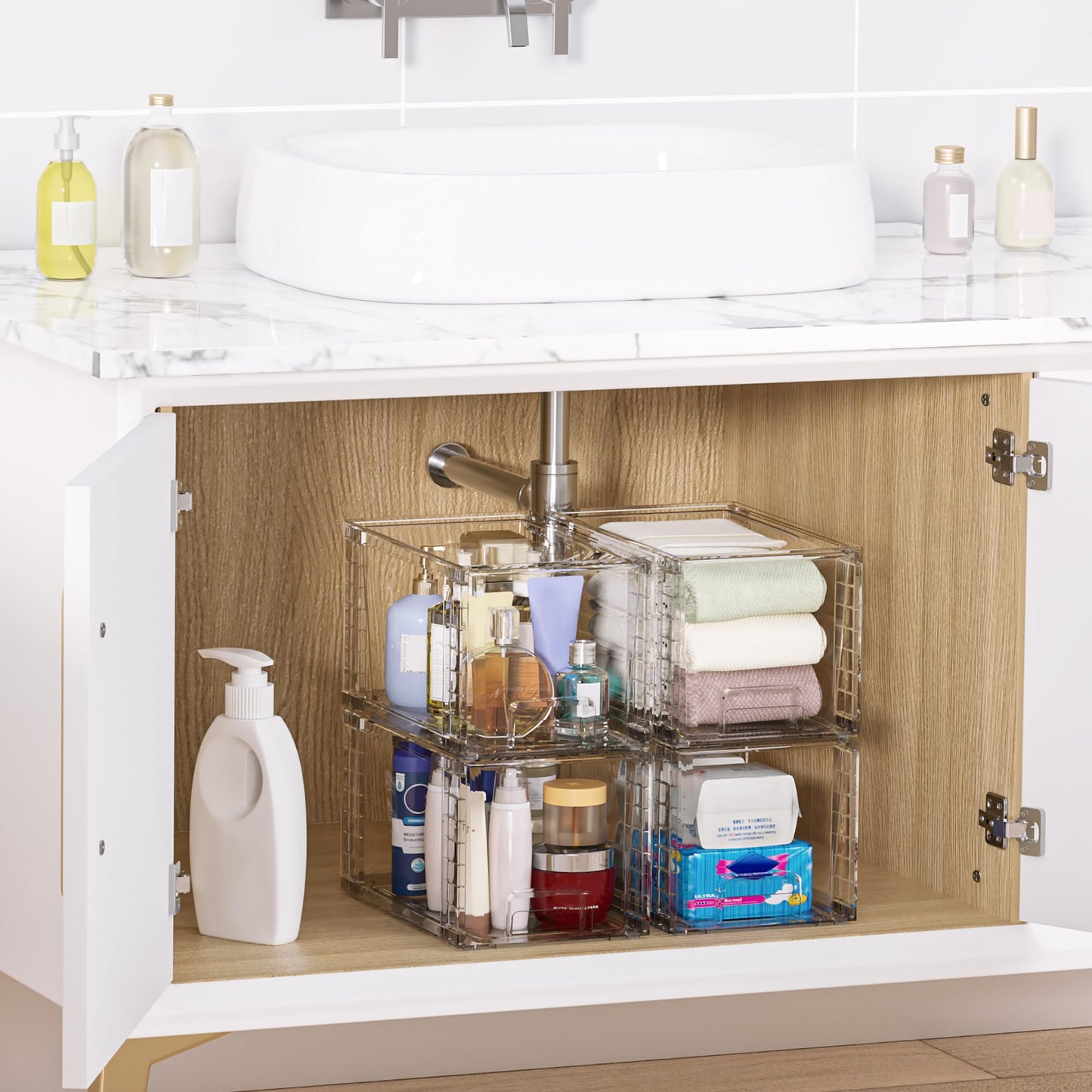 Vtopmart 4 Pack Large Stackable Storage Drawers,Clear Acrylic Drawer Organizers with Handles, Easily Assemble for Bathroom,Kitchen Undersink,Cabinet,Closet,Makeup,Pantry Organization and Storage - Available at All In One Marketplace Canada