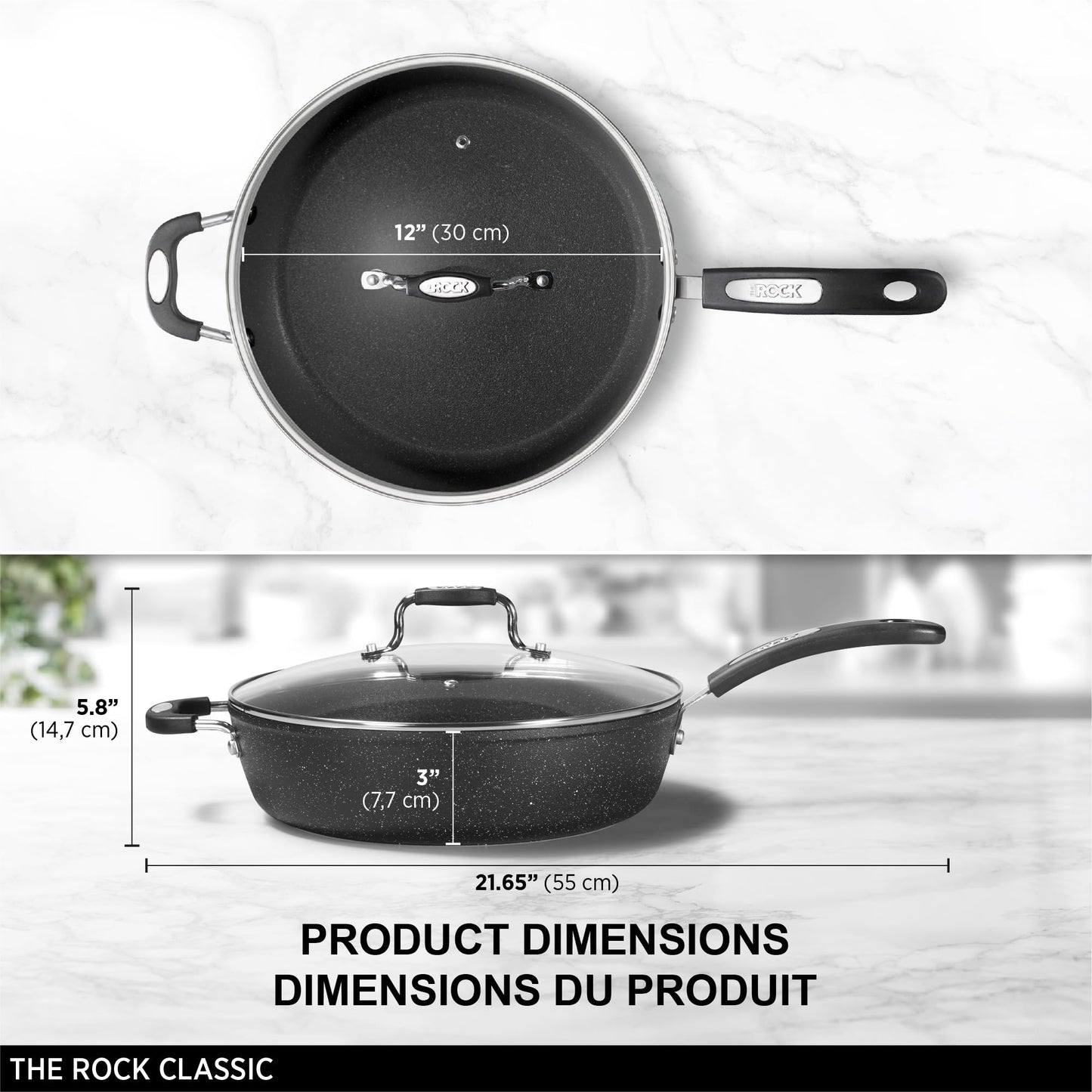 Starfrit The Rock 12'' (30cm) Non-Stick Jumbo Cooker Pan with Lid - Durable Forged Aluminum - Oven Safe - PFOA Free - Easy to Clean - Black