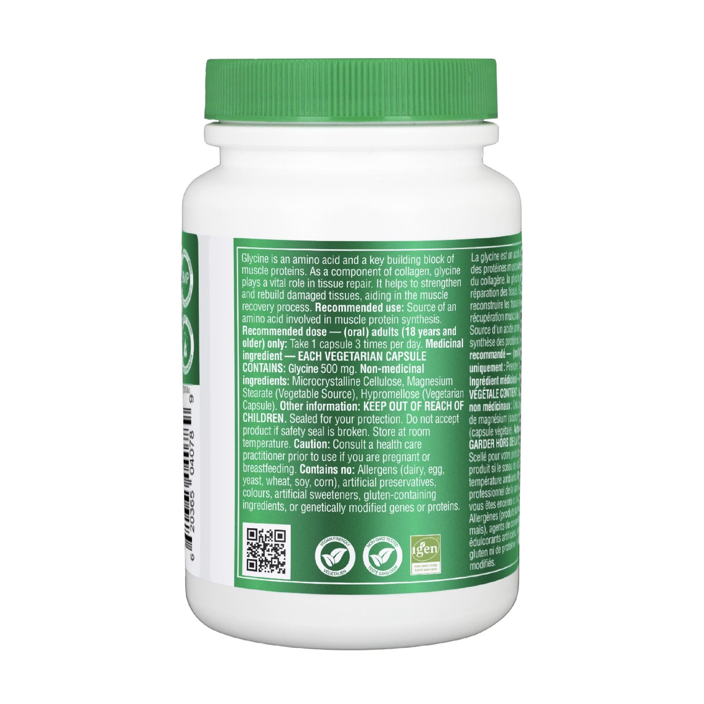 Organika Canadian-Made Glycine - Proteinogenic Amino Acid - Aids Protein Synthesis, Collagen Formation, Joint and Muscle Health, Calming Effect - 120caps