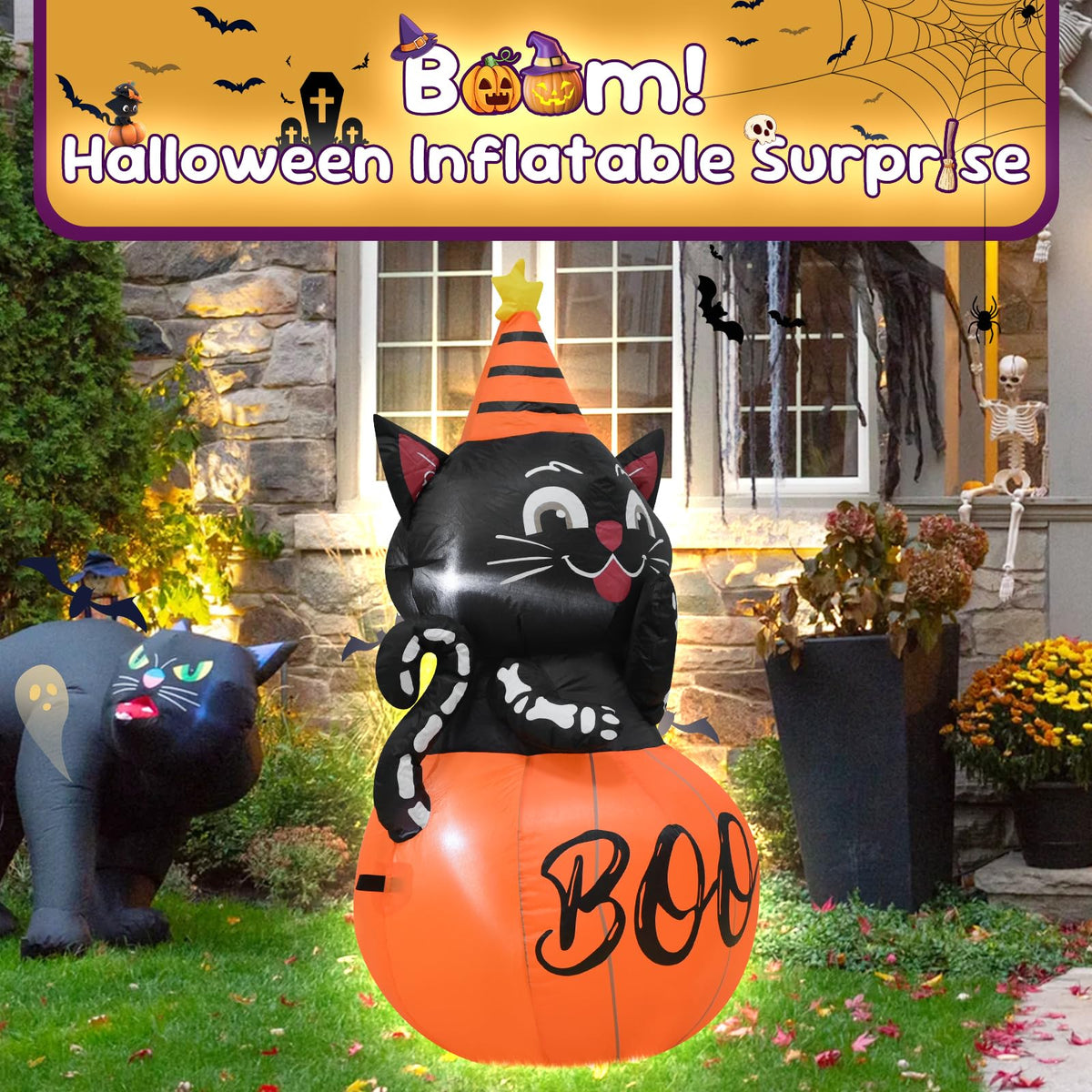 4FT Halloween Inflatable Decor Pumpkin Cat with LED Lights 🍁 All In One Marketplace Canada