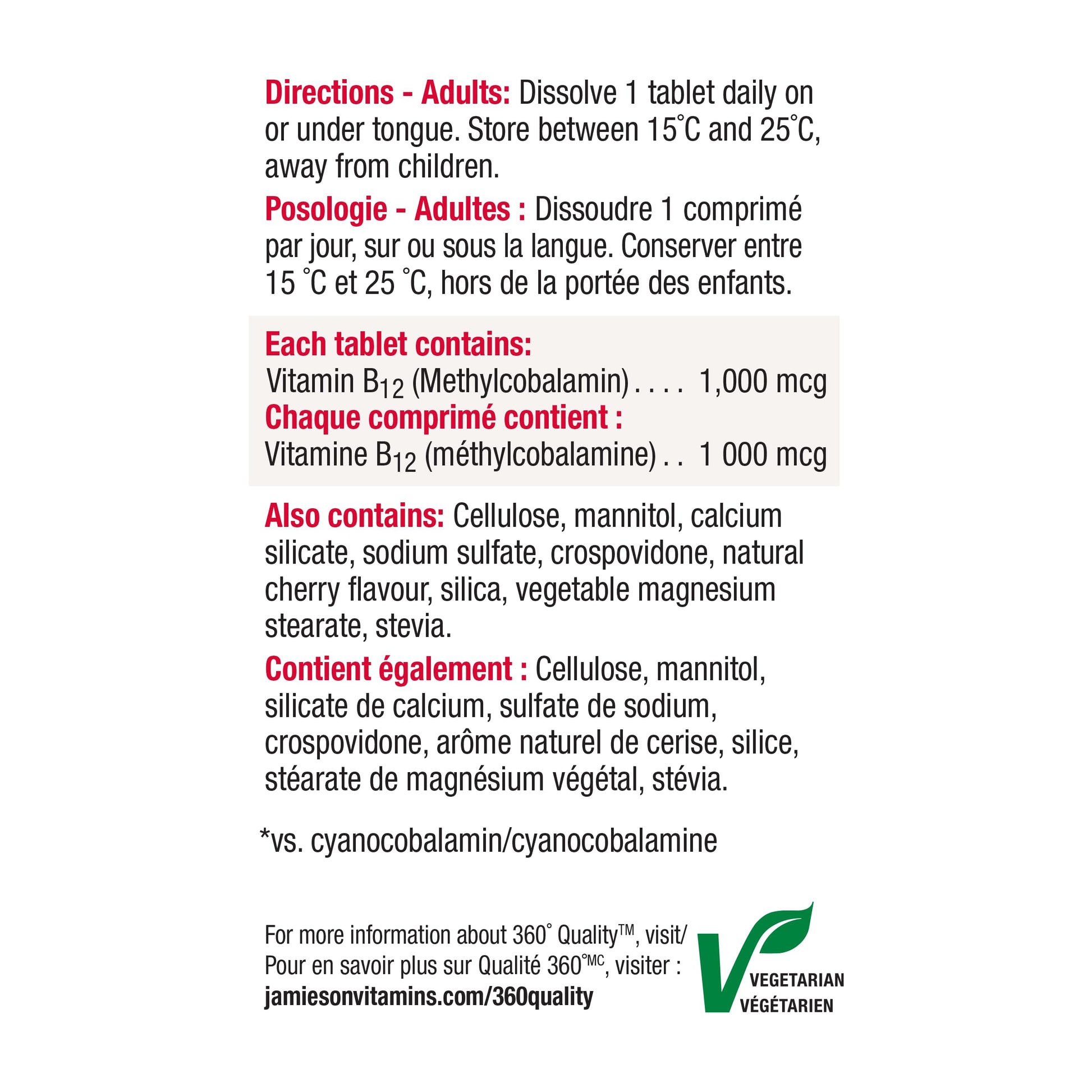 Jamieson Vitamin B12 Methylcobalamin 1,000 mcg, Fast Dissolving, Faster Acting, Naturally Energizing, and Supports Metabolism. Vegetarian, Gluten-Free, Natural Wild Cherry Flavour, 100 Sublingual Tablets, Proudly Canadian