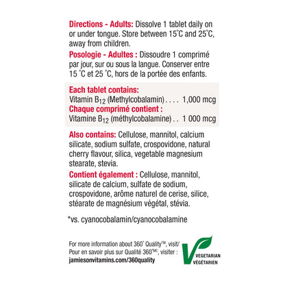 Jamieson Vitamin B12 Methylcobalamin 1,000 mcg, Fast Dissolving, Faster Acting, Naturally Energizing, and Supports Metabolism. Vegetarian, Gluten-Free, Natural Wild Cherry Flavour, 100 Sublingual Tablets, Proudly Canadian