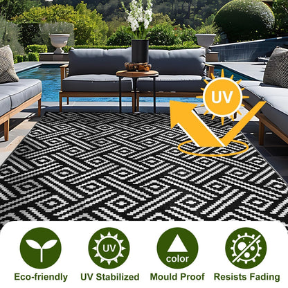 OPPODREAM Outdoor Rug 5x7 Ft, Waterproof Outdoor Plastic Straw Rug for Patio, Reversible Out Door Carpet for Camping, Deck, Rv, 5 x 7 Area Carpet Balcony, Porch, Backyard, Black and White