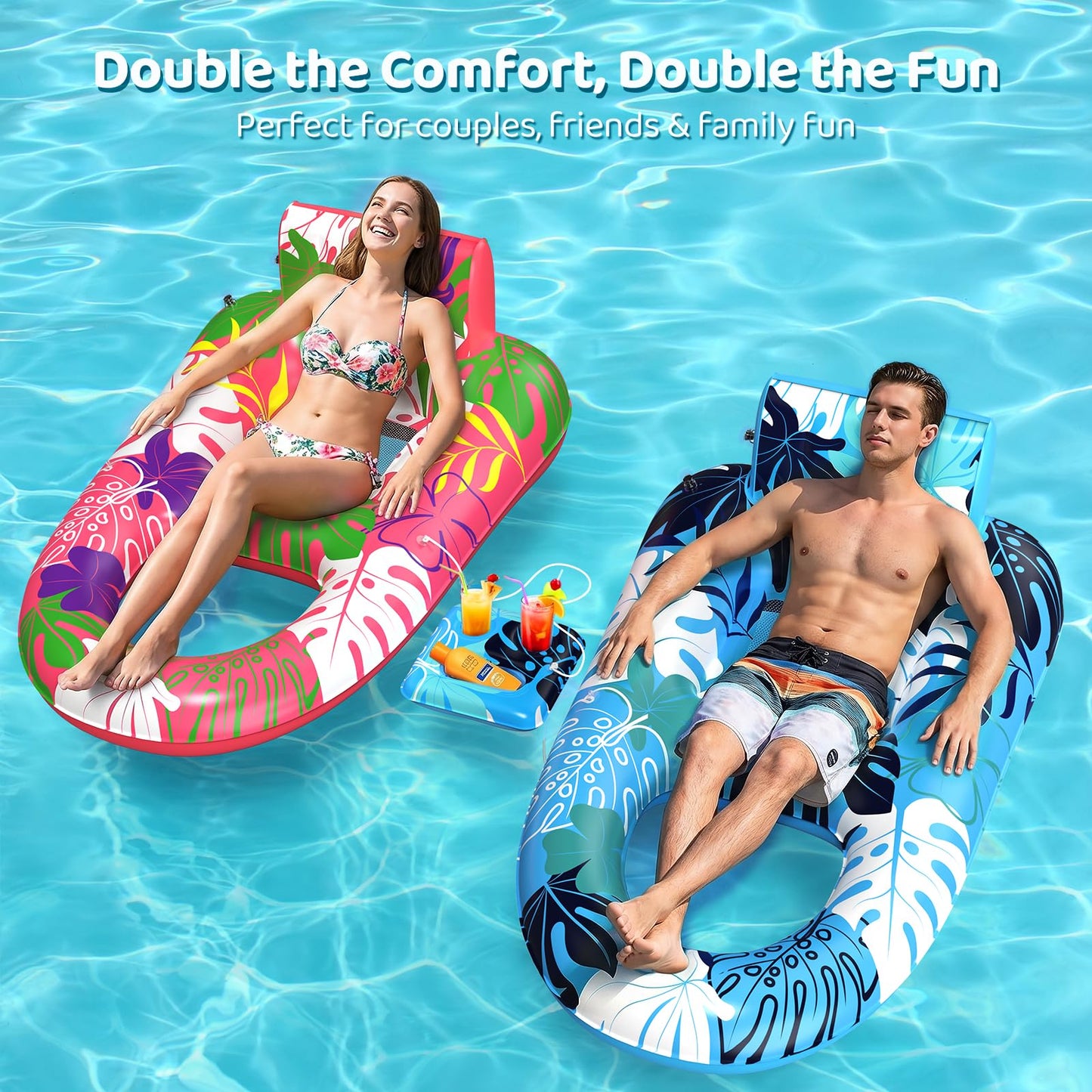 SEETOHOME 2 Pack Pool Floaties for Adults, Heavy Duty Inflatable Pool Lounger Floating Adult with Detachable Cup Holders & Backrest, Adult Pool Float Lounger for Beaches, Lakes, Rivers, Parties