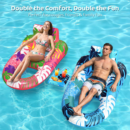 SEETOHOME 2 Pack Pool Floaties for Adults, Heavy Duty Inflatable Pool Lounger Floating Adult with Detachable Cup Holders & Backrest, Adult Pool Float Lounger for Beaches, Lakes, Rivers, Parties