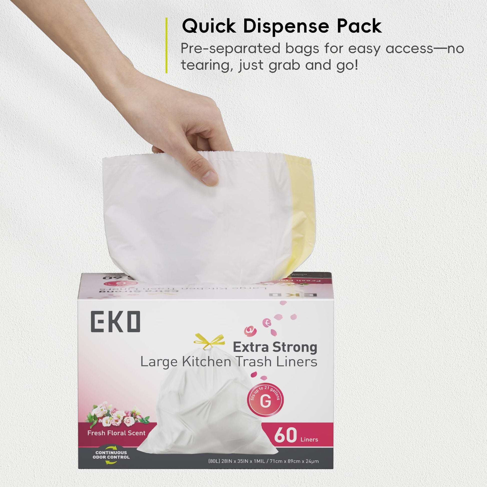 EKO Extra Strong 21 Gallon Large Trash Bags, Heavy-Duty Drawstring Kitchen & Household Garbage Bags (80L), Leak-Resistant, Fresh Floral Scent, Continuous Odor Control, 60 Count, Code G EKO