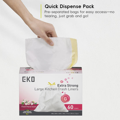 EKO Extra Strong 21 Gallon Large Trash Bags, Heavy-Duty Drawstring Kitchen & Household Garbage Bags (80L), Leak-Resistant, Fresh Floral Scent, Continuous Odor Control, 60 Count, Code G EKO