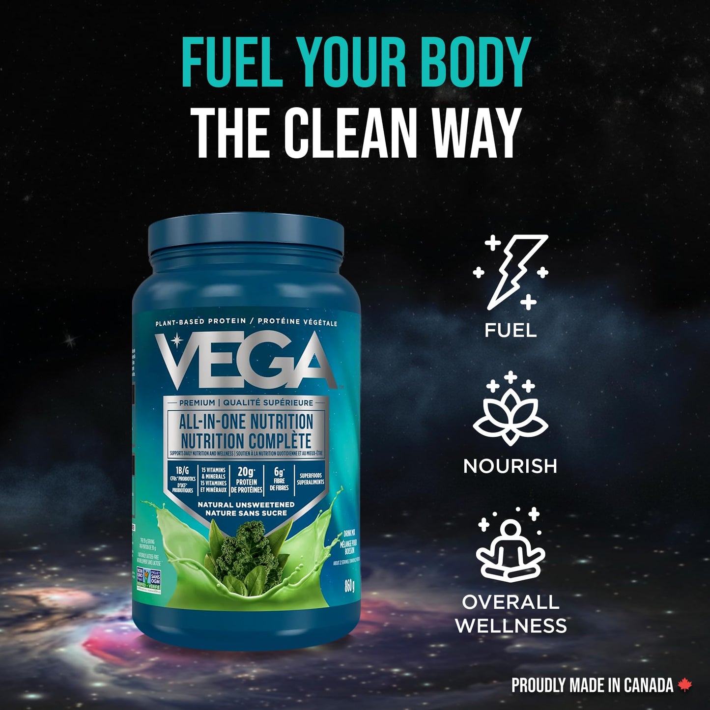 Vega Premium All-in-One Nutrition Protein Powder – 20g Plant-Based Vegan Protein, Vitamins & Probiotics, Natural Unsweetened, 860g (22 Servings) 🍁 All In One Marketplace Canada