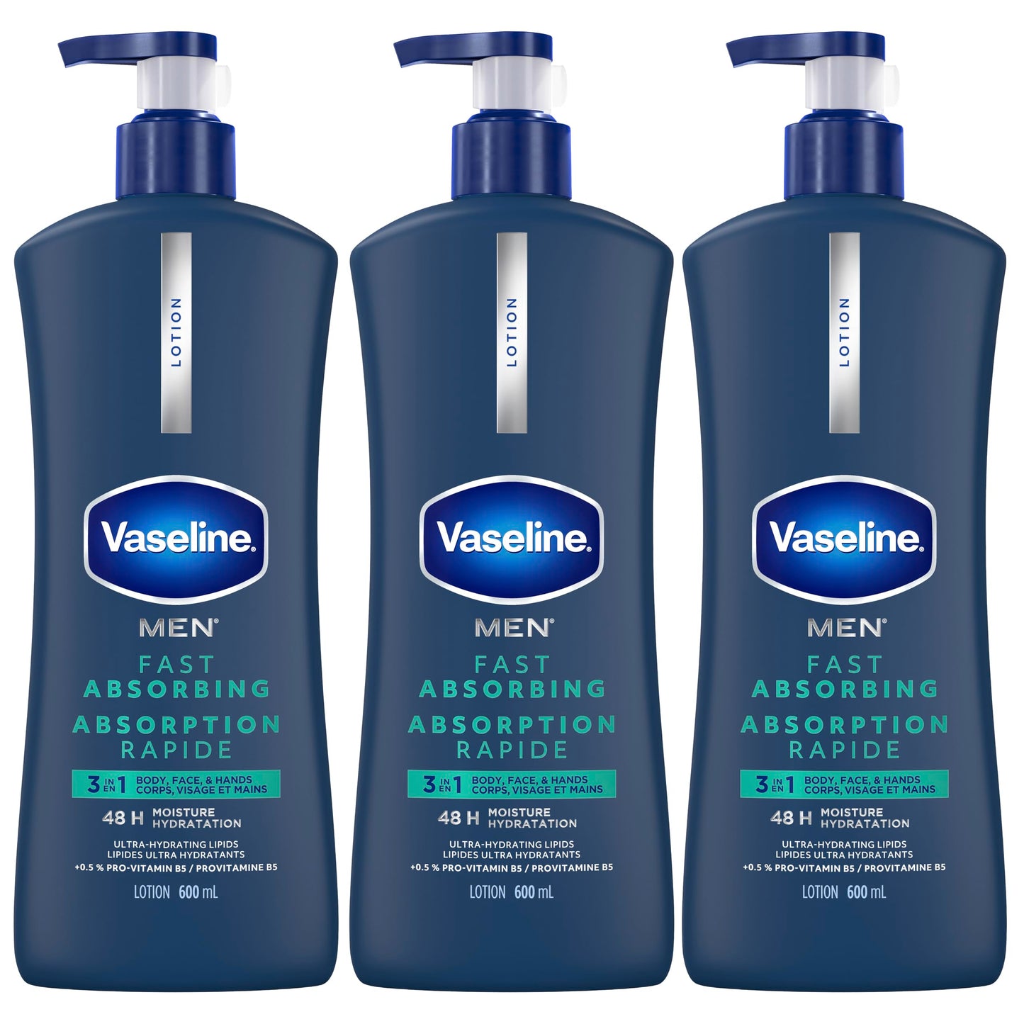 Vaseline Men 3 in 1 Body, Face & Hands Lotion 48 H Dry skin moisturizer, Fast Absorbing with Ultra hydrating lipids, 600 ml (3-pack) - Available at All In One Marketplace Canada