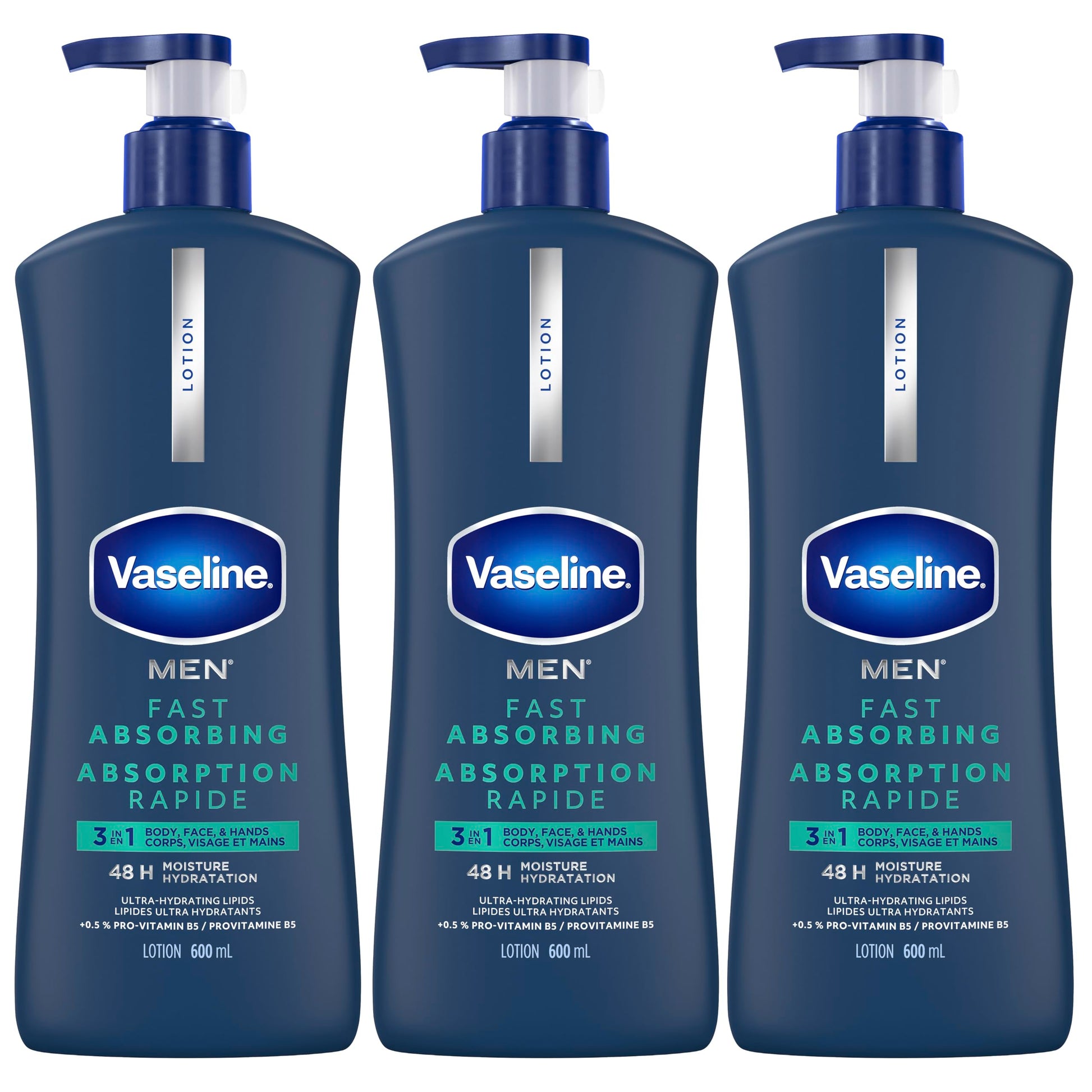 Vaseline Men 3 in 1 Body, Face & Hands Lotion 48 H Dry skin moisturizer, Fast Absorbing with Ultra hydrating lipids, 600 ml (3-pack) - Available at All In One Marketplace Canada