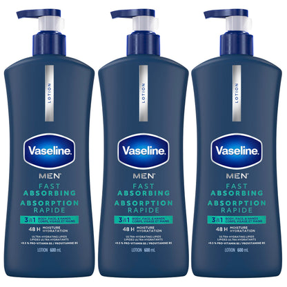 Vaseline Men 3 in 1 Body, Face & Hands Lotion 48 H Dry skin moisturizer, Fast Absorbing with Ultra hydrating lipids, 600 ml (3-pack) - Available at All In One Marketplace Canada