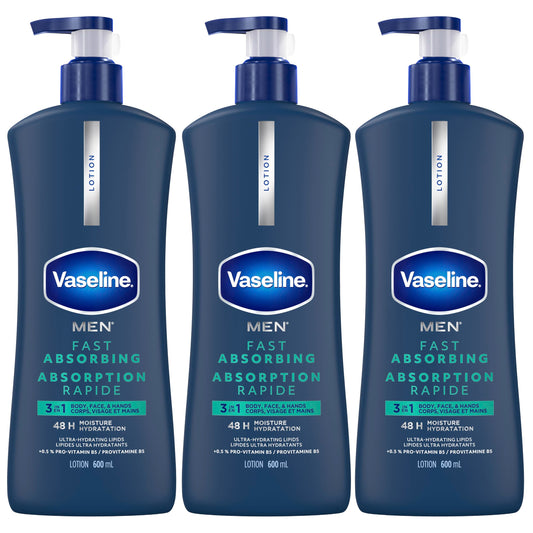 Vaseline Men 3 in 1 Body, Face & Hands Lotion 48 H Dry skin moisturizer, Fast Absorbing with Ultra hydrating lipids, 600 ml (3-pack) - Available at All In One Marketplace Canada