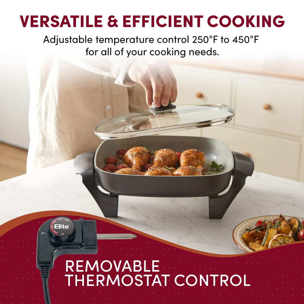 Elite Gourmet 12"x12"x2.15” Ceralast PFAS Free Ceramic Electric Skillet, Dishwasher Safe, Rapid Heat Up, 1200W, Dark Grey
