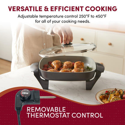 Elite Gourmet 12"x12"x2.15” Ceralast PFAS Free Ceramic Electric Skillet, Dishwasher Safe, Rapid Heat Up, 1200W, Dark Grey