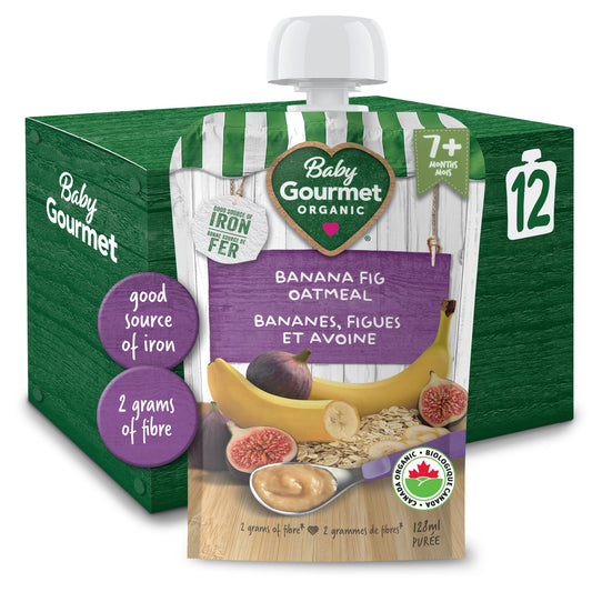 Baby Gourmet Banana Fig Oatmeal Purée, 12 × 128 mL Pouches | 7 Months+ | Organic Baby Food Puree | High Fibre | No Added Sugar or Salt | Made in Canada