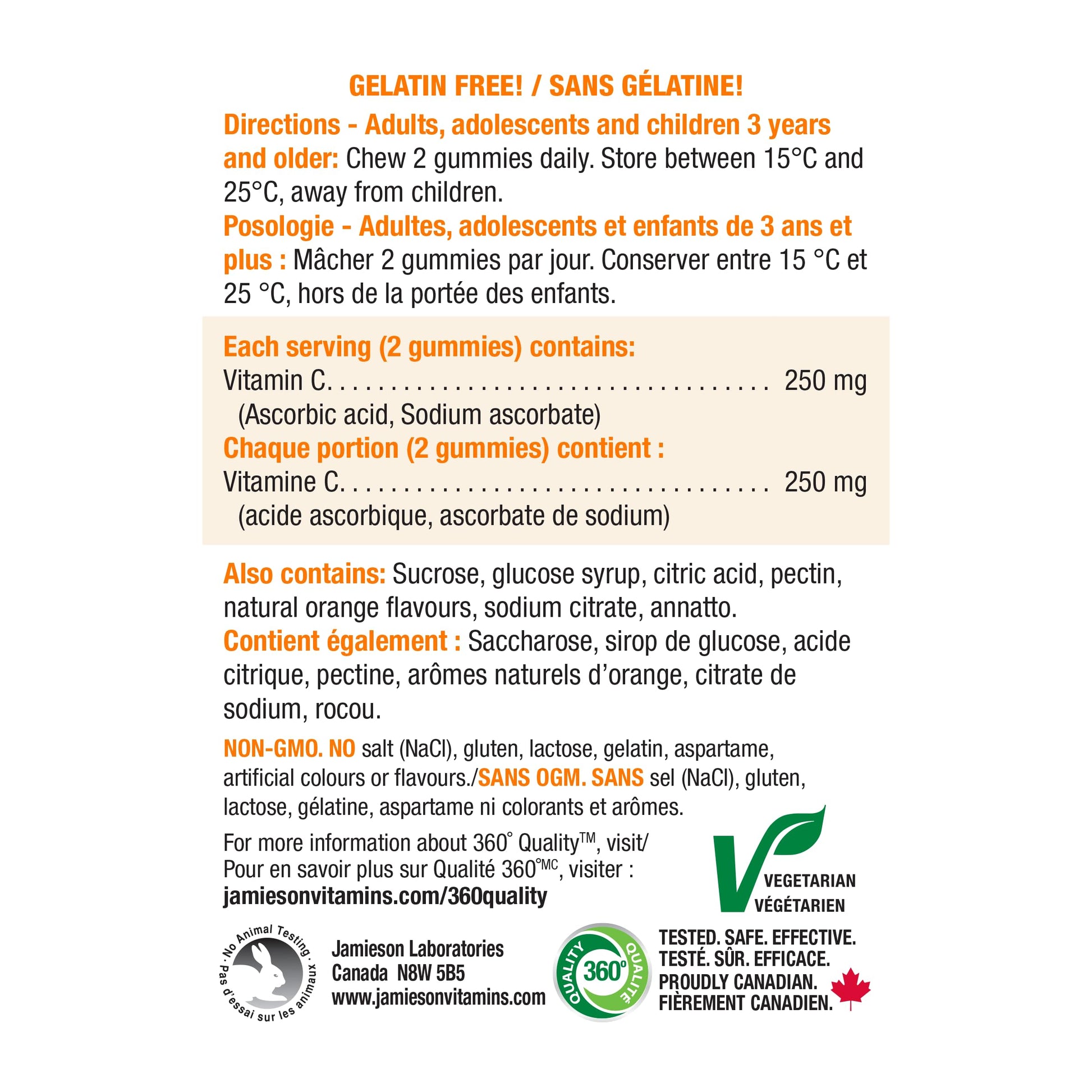 Jamieson Vitamin C 250 mg, 60 Gummies, Natural Tangy Orange Flavour. Supports Immune Health, Strong Teeth and Bones. Family Friendly (3+), Vegetarian, Non-GMO, Gelatin-Free