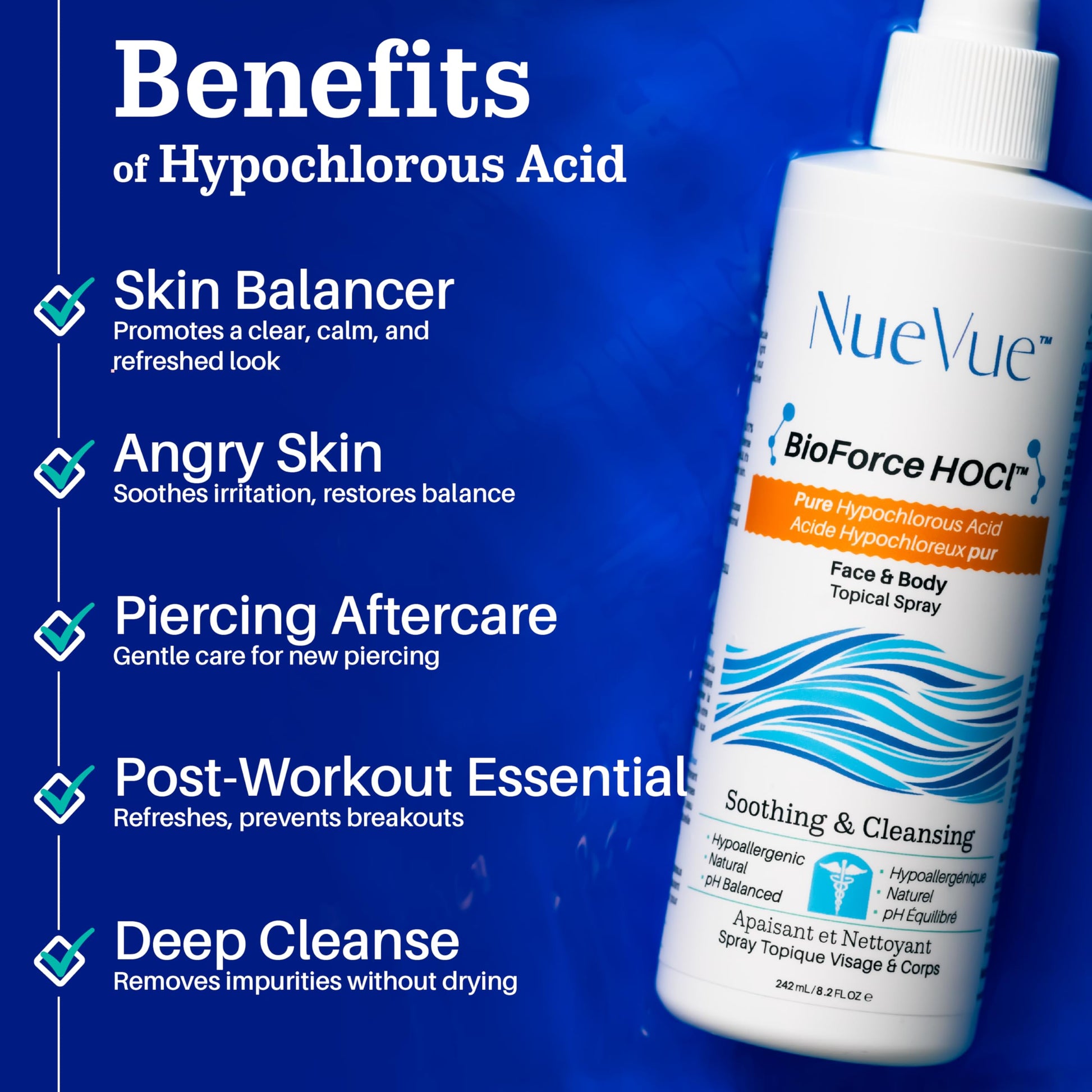 BioForce 1 Liter Hypochlorous Acid Spray Refill For Face & body - Acne-Prone Skin & Eczema, Piercing aftercare, Tattoo Aftercare, Made in Canada, All-in-One Gentle facial Cleanser & Toner, pH Balanced, Hypoallergenic & Non-comedogenic by NueVue (33.8 fl o - Available at All In One Marketplace Canada