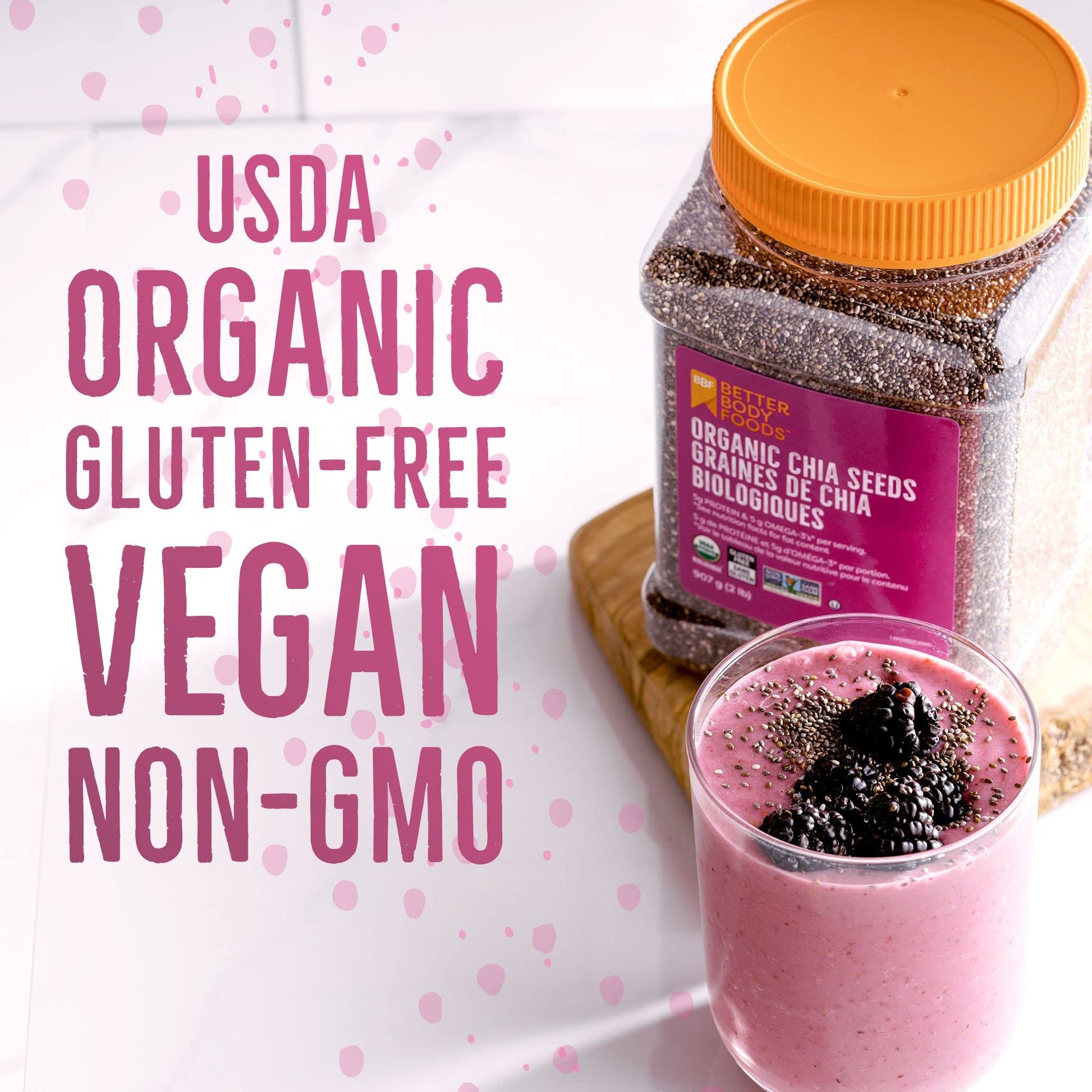 Betterbody Foods Organic Chia Seeds with Omega-3, Non-GMO, Gluten-Free, Vegan, Kosher, 2 pounds (907 grams) - Available at All In One Marketplace Canada