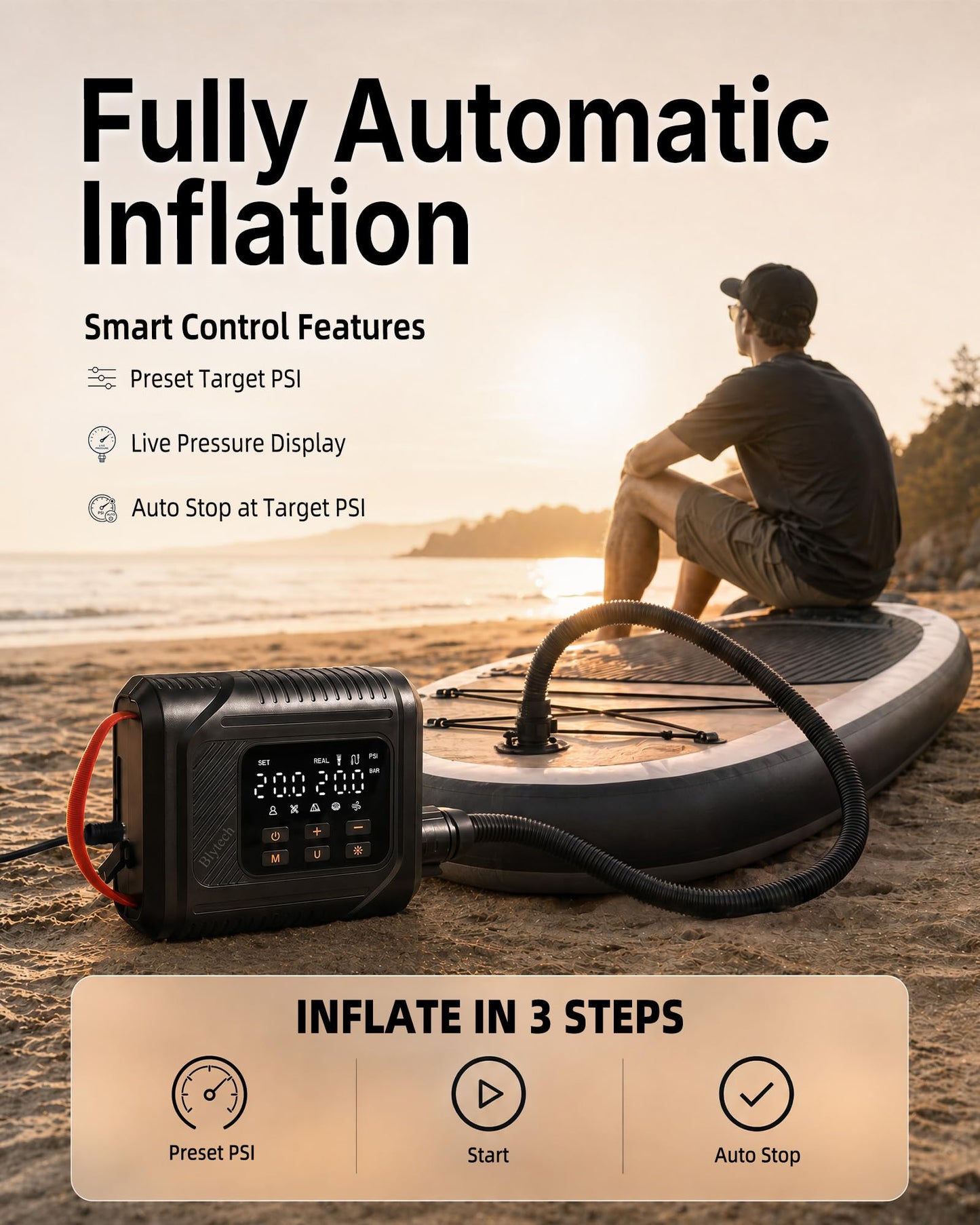 12V DC Paddle Board Pump, Electric Portable SUP Air Pump with Car Cigarette Lighter, Preset Pressure & Auto-Off, Dual-Stage Fast Inflate/Deflate, 20 PSI Max, 7 Nozzles for Paddleboards, Kayaks, Boats.
