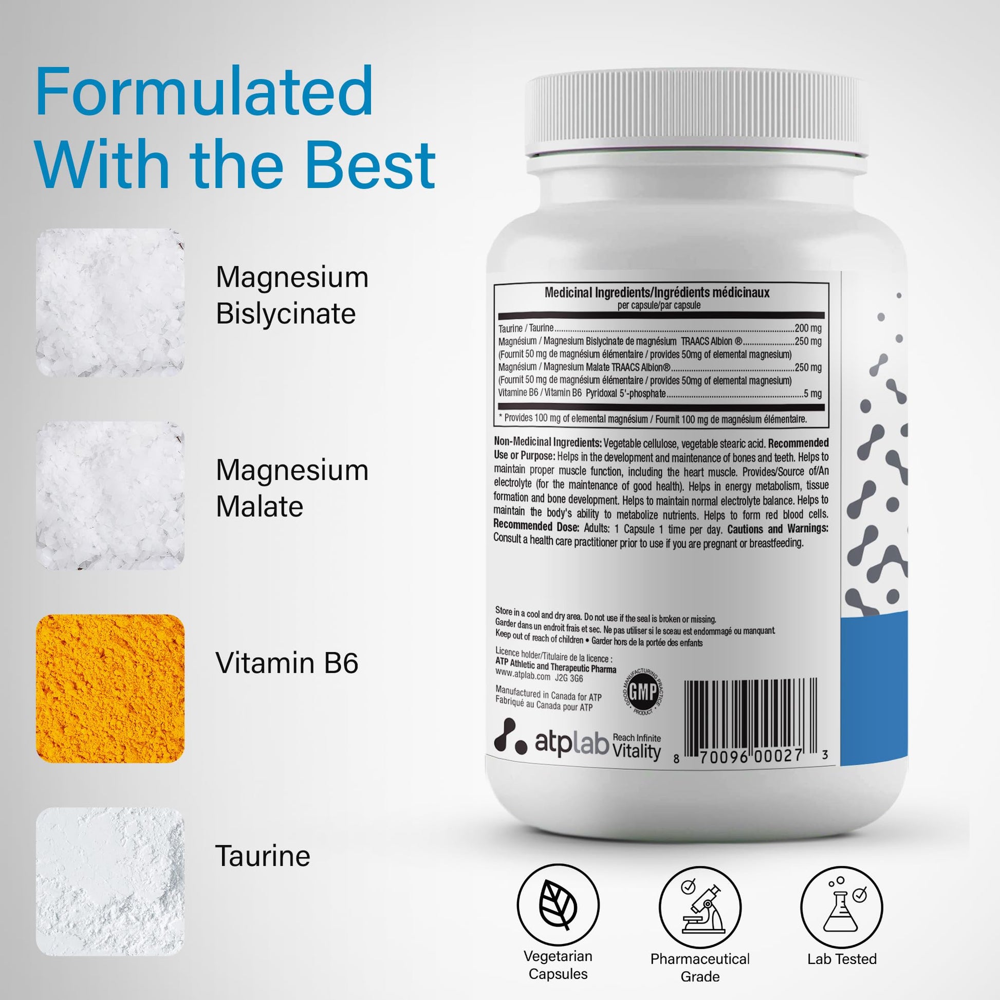 ATP LAB - Synermag 90 Capsules 90-Day Supply - High potency Magnesium Bisglycinate, Malate, Taurine & Vitamin B6 - Bone Health Supplement - Muscle Health & Teeth Health - Available at All In One Marketplace Canada