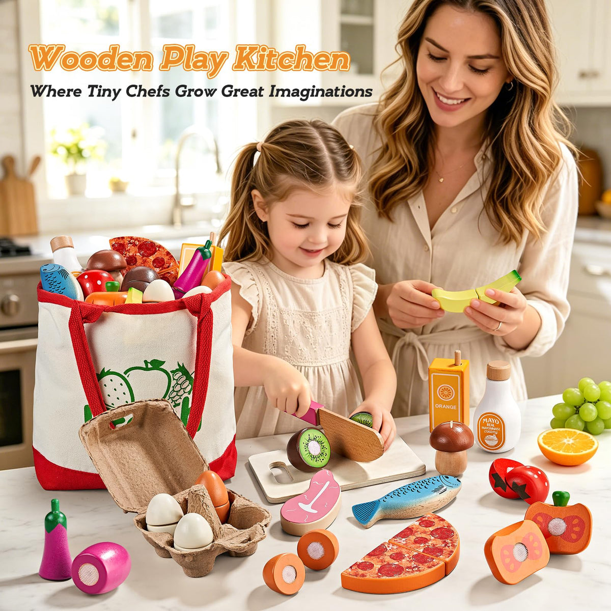 LAUGIGLE Wooden Play Food, Montessori Toy Food with Pizza Toy, Easter Eggs 🍁 All In One Marketplace Canada