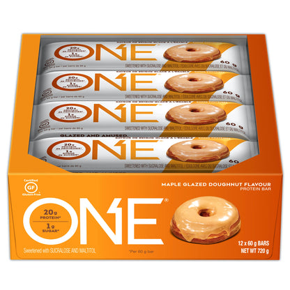 ONE Protein Bars, Maple Glazed Doughnut, Gluten Free Protein Bars with 20g Protein and only 1g Sugar, Snacking for High Protein Diets, 60g (12 Pack) [Packaging May Vary] - Available at All In One Marketplace Canada