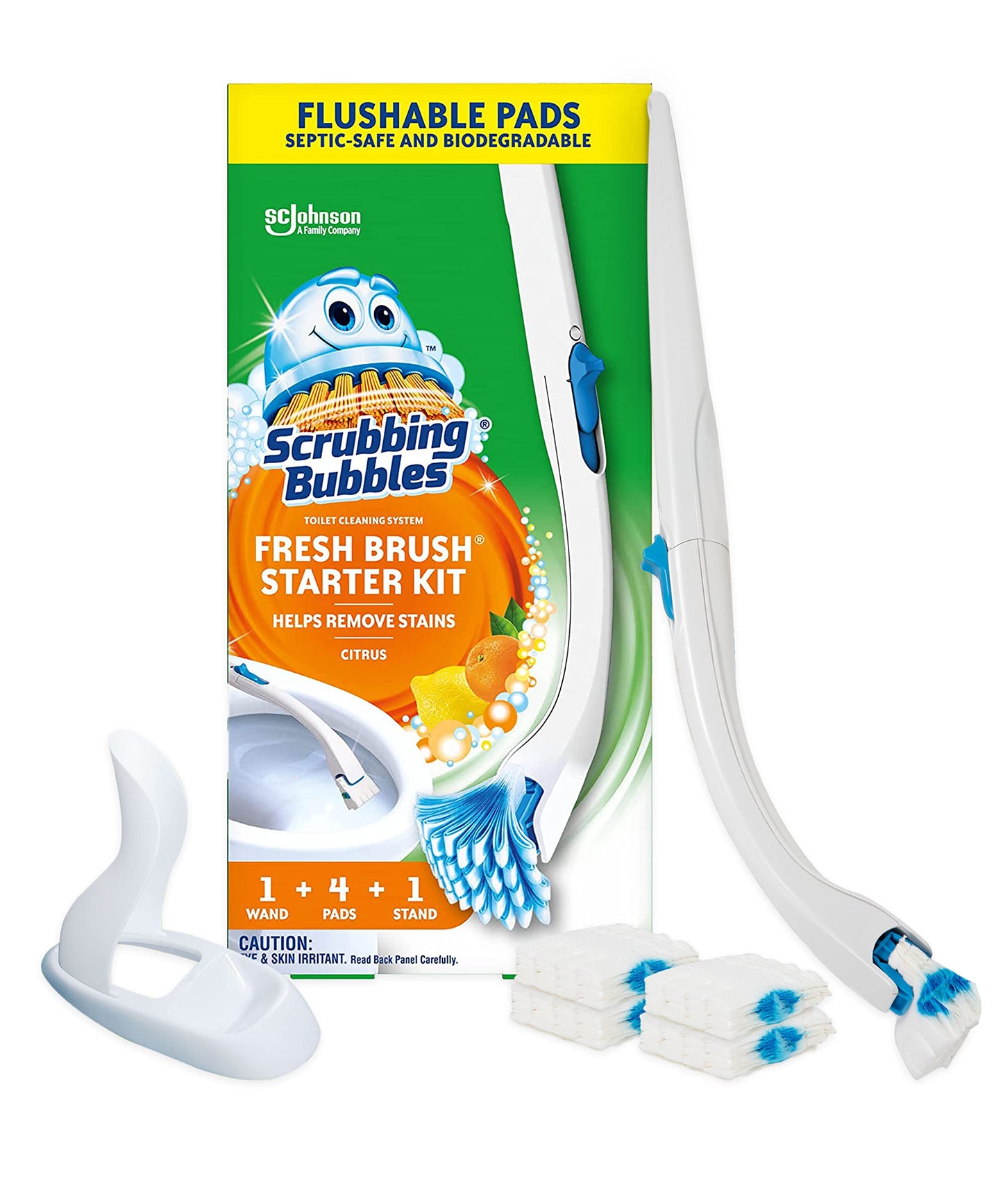 Scrubbing Bubbles Fresh Brush Toilet Bowl Cleaning System Starter Kit, Stain Removing, Citrus Action Scent, Includes: Wand + 4 Refills + 1 Stand - Available at All In One Marketplace Canada