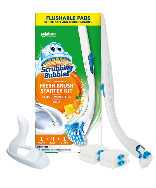 Scrubbing Bubbles Fresh Brush Toilet Bowl Cleaning System Starter Kit, Stain Removing, Citrus Action Scent, Includes: Wand + 4 Refills + 1 Stand - Available at All In One Marketplace Canada