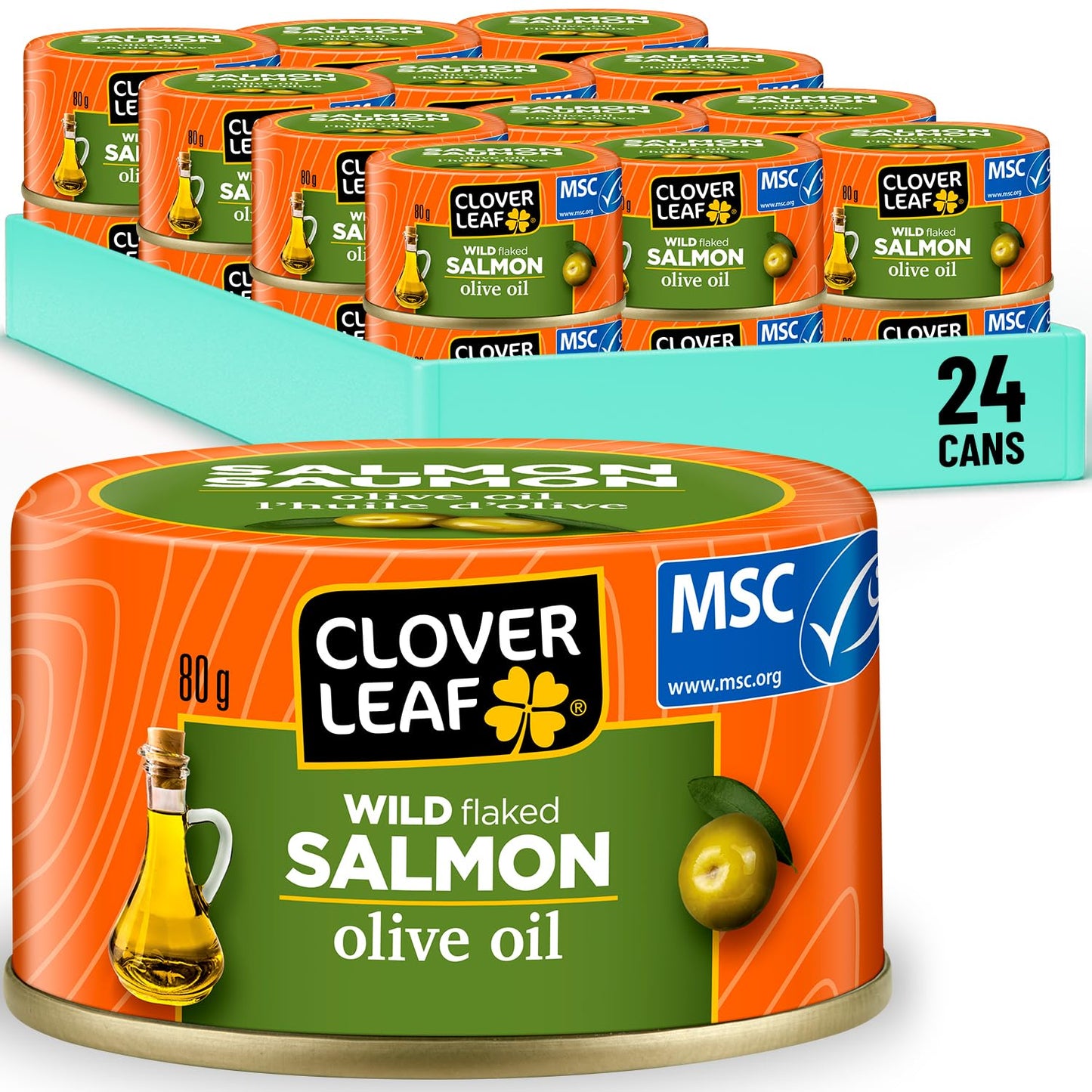 Clover Leaf Wild Flaked Pink Salmon Olive Oil 80g, 24 Easy-Peel Cans Clover Leaf