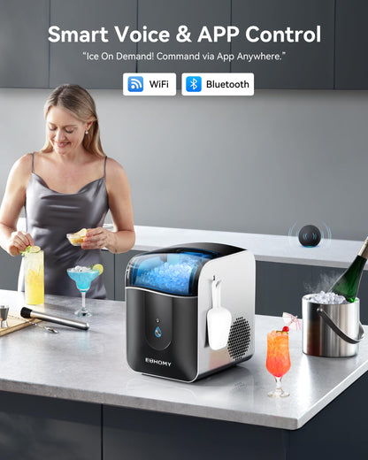 Machine à glaçons à pépites intelligente EUHOMY pour comptoir, machine à glaçons Sonic 18 kg/24 h avec contrôle par application, prête en 8 minutes, machine à glaçons en forme de galets autonettoyante pour la maison, la cuisine ou le bureau